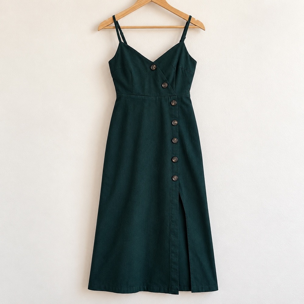 Lush Forest Green Button Front Midi Dress Sleeveless V-Neck Slit Small